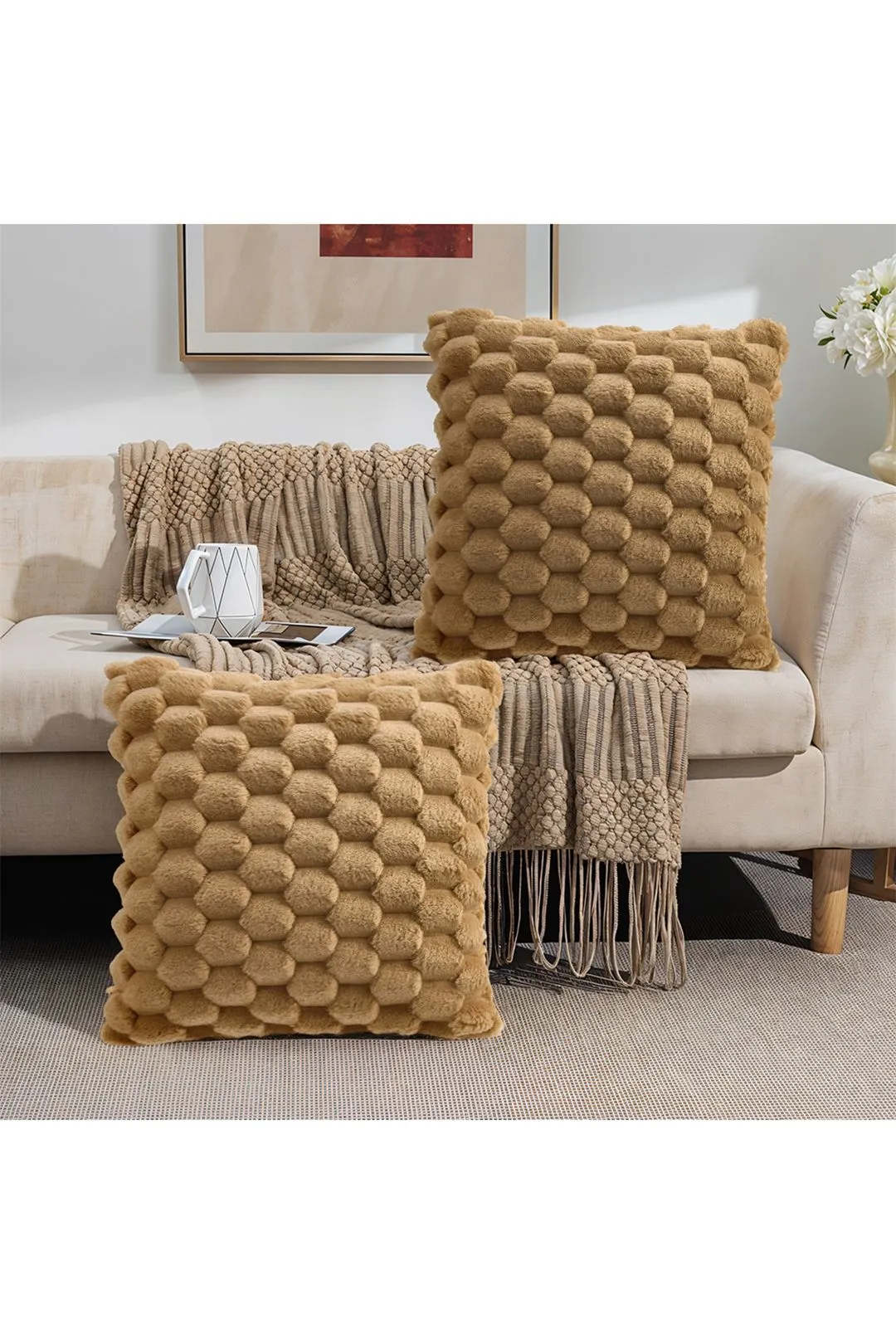Living and Home 2Pcs Cozy Soft Plush Throw Pillow Cushion Covers in Khaki