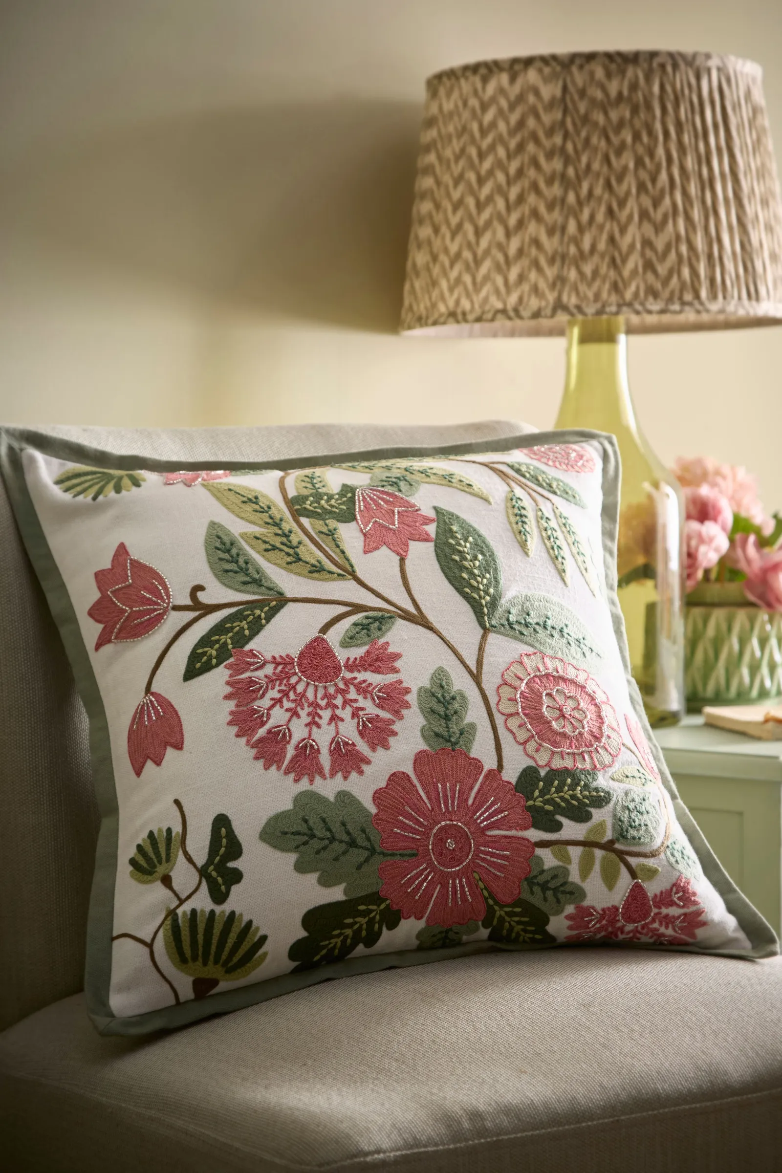 Appletree 'Aurelia' Embroidered Floral Filled Cushion in Green