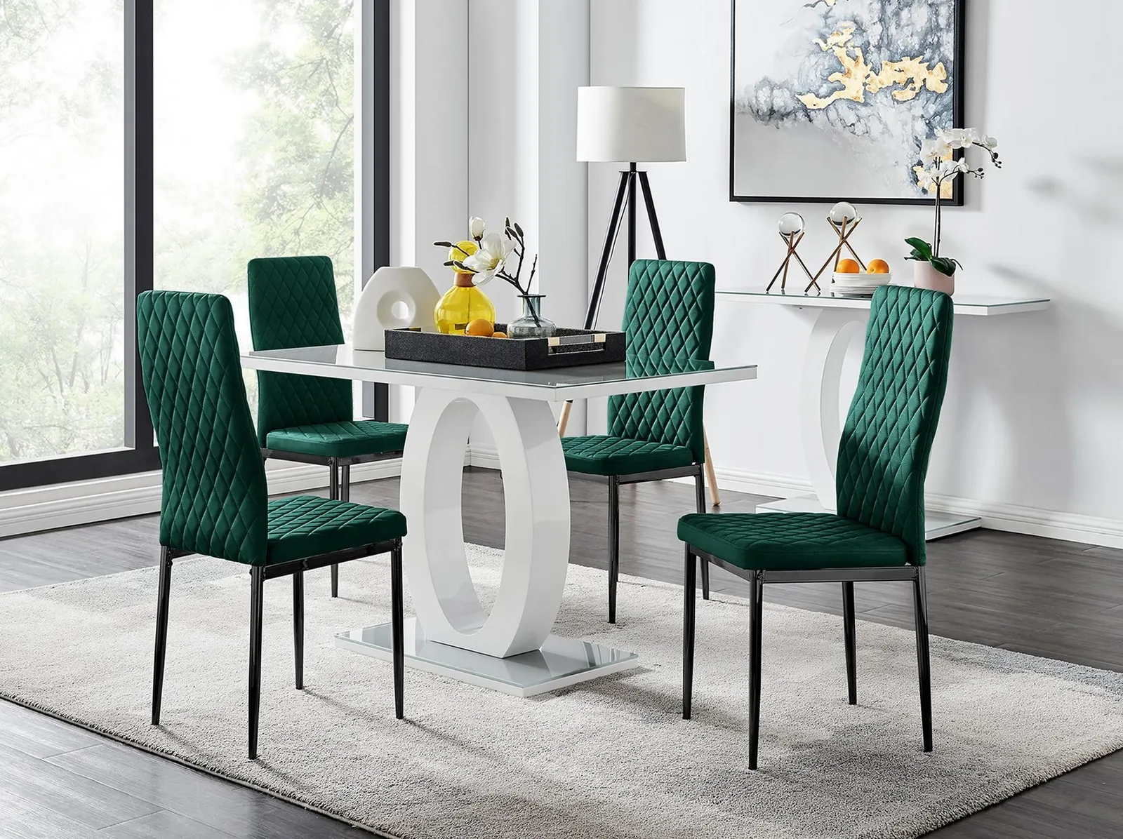 FurnitureboxUK Giovani 4 Grey Dining Table & 4 Velvet Milan Black Leg Chairs in Green