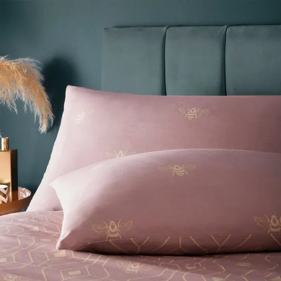 Furn. Pink and Gold Bee Deco Reversible Duvet Cover and Pillowcase Set 2