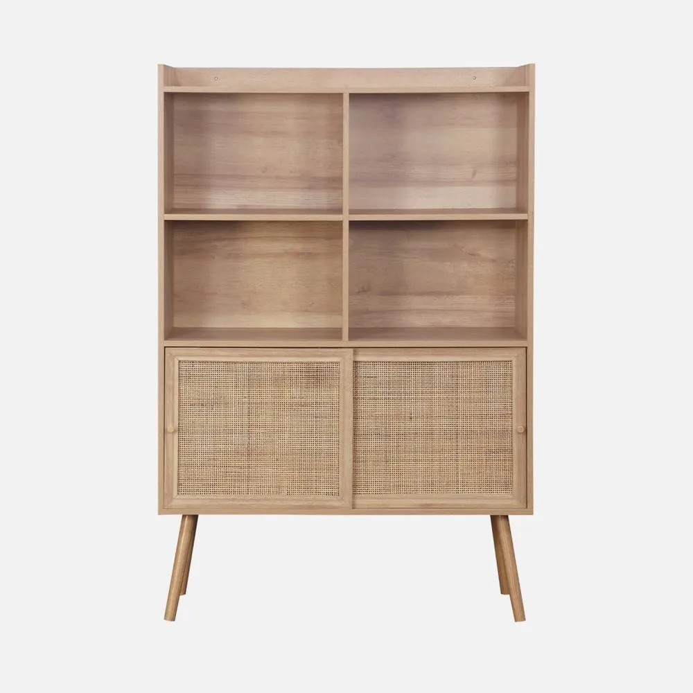 sweeek 5-shelf Bookcase Sliding Doors With Wood & Cane Effect in Light Brown 3
