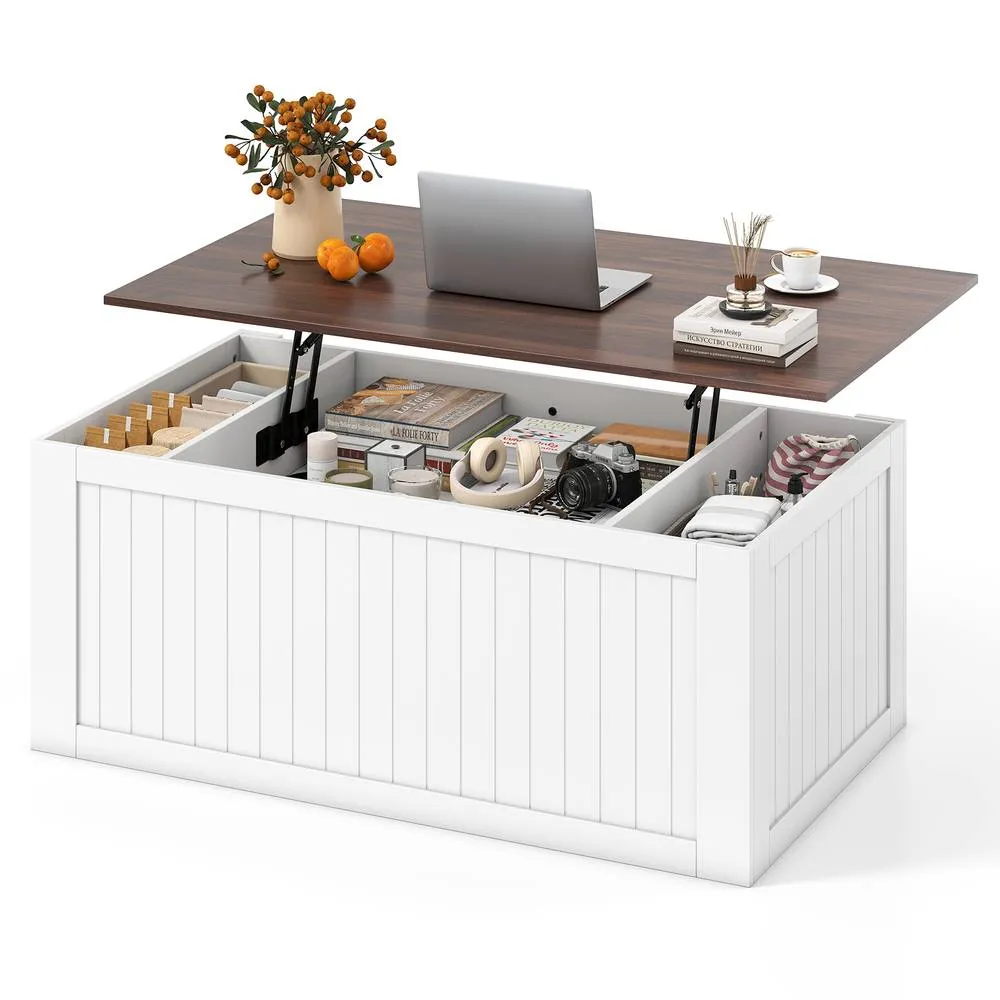 Costway 120 cm Farmhouse Center Table Lift Top Coffee Table with Doors White
