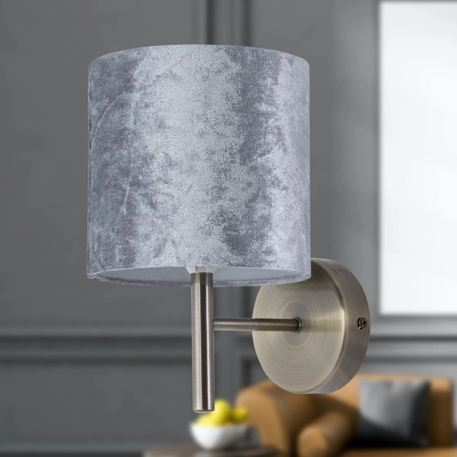 First Choice Lighting Brea - Antique Brass Wall Light with Grey Crushed Velvet Shade in Gold 3