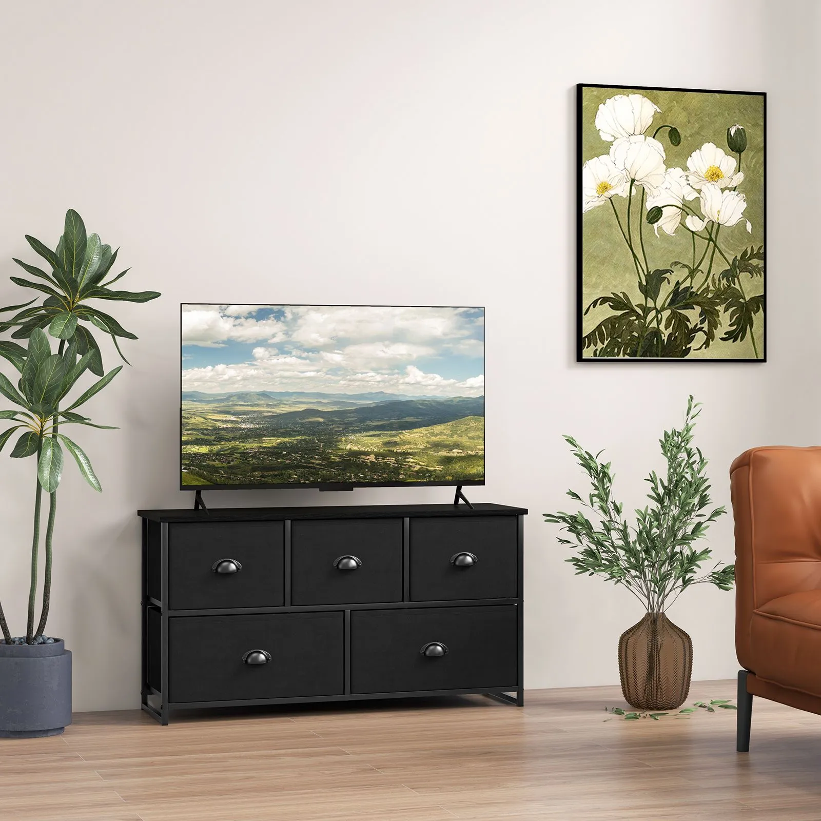 Costway 5 Drawers Cabinet 2-Tier Fabric Storage Organizer Chest of Drawers w/ Baskets in Black 6