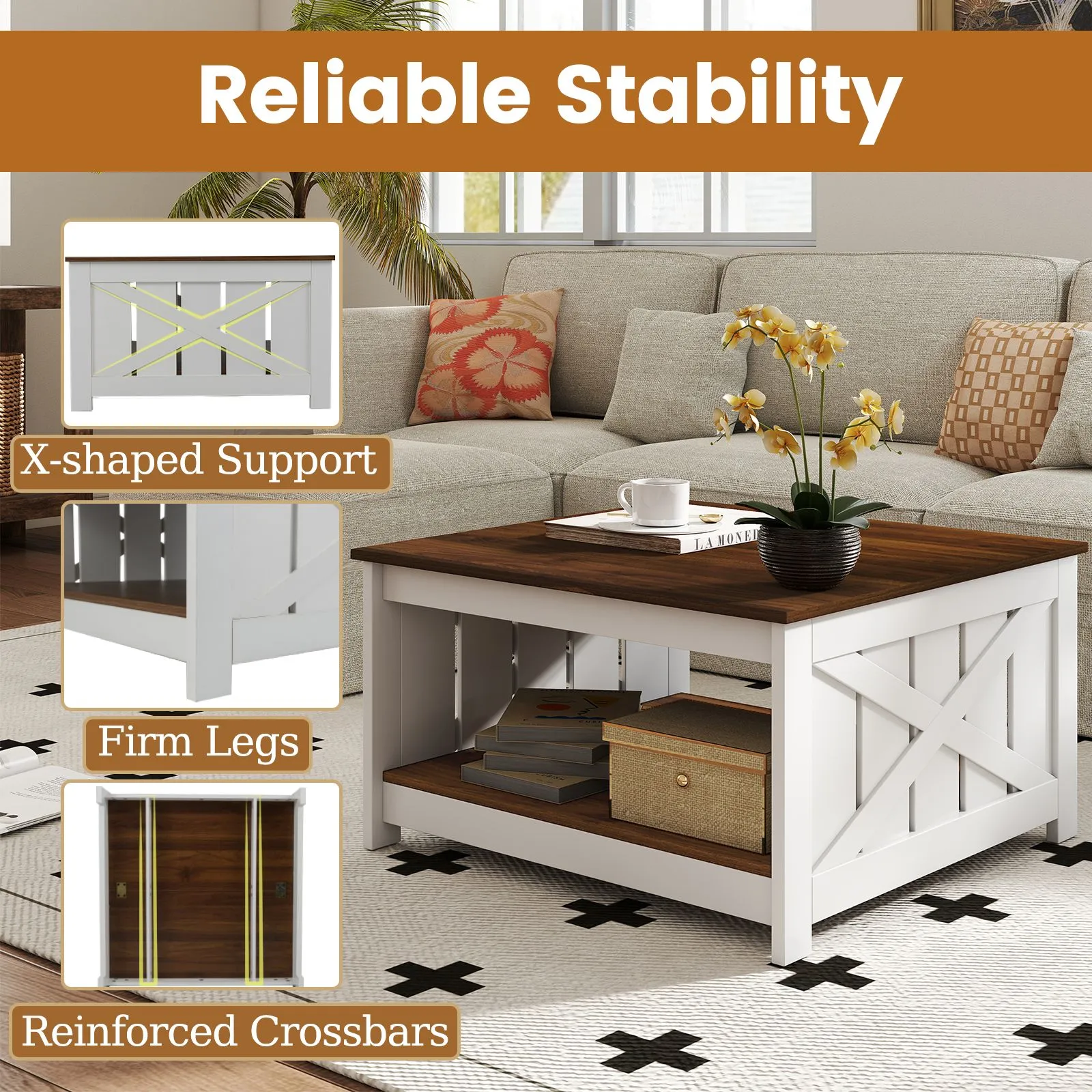 Costway Farmhouse Coffee Table 31" Square Coffee Table w/Storage Shelf 4