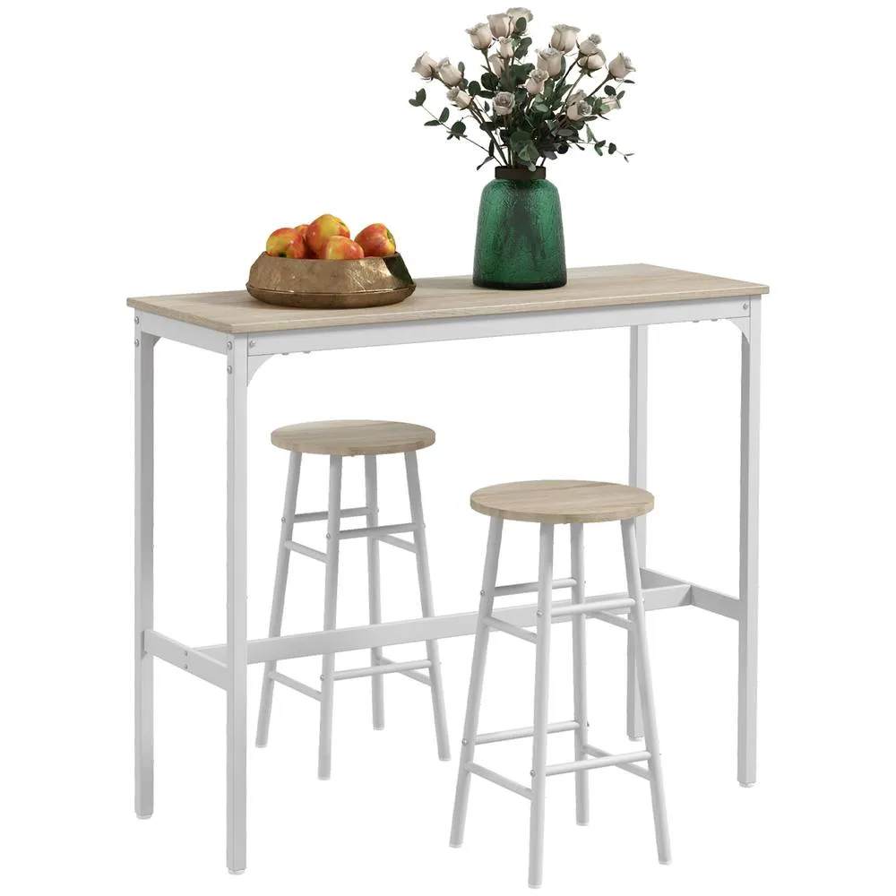 HOMCOM 3 Piece Bar Set, Industrial Kitchen & Chair Set Oak in White 2