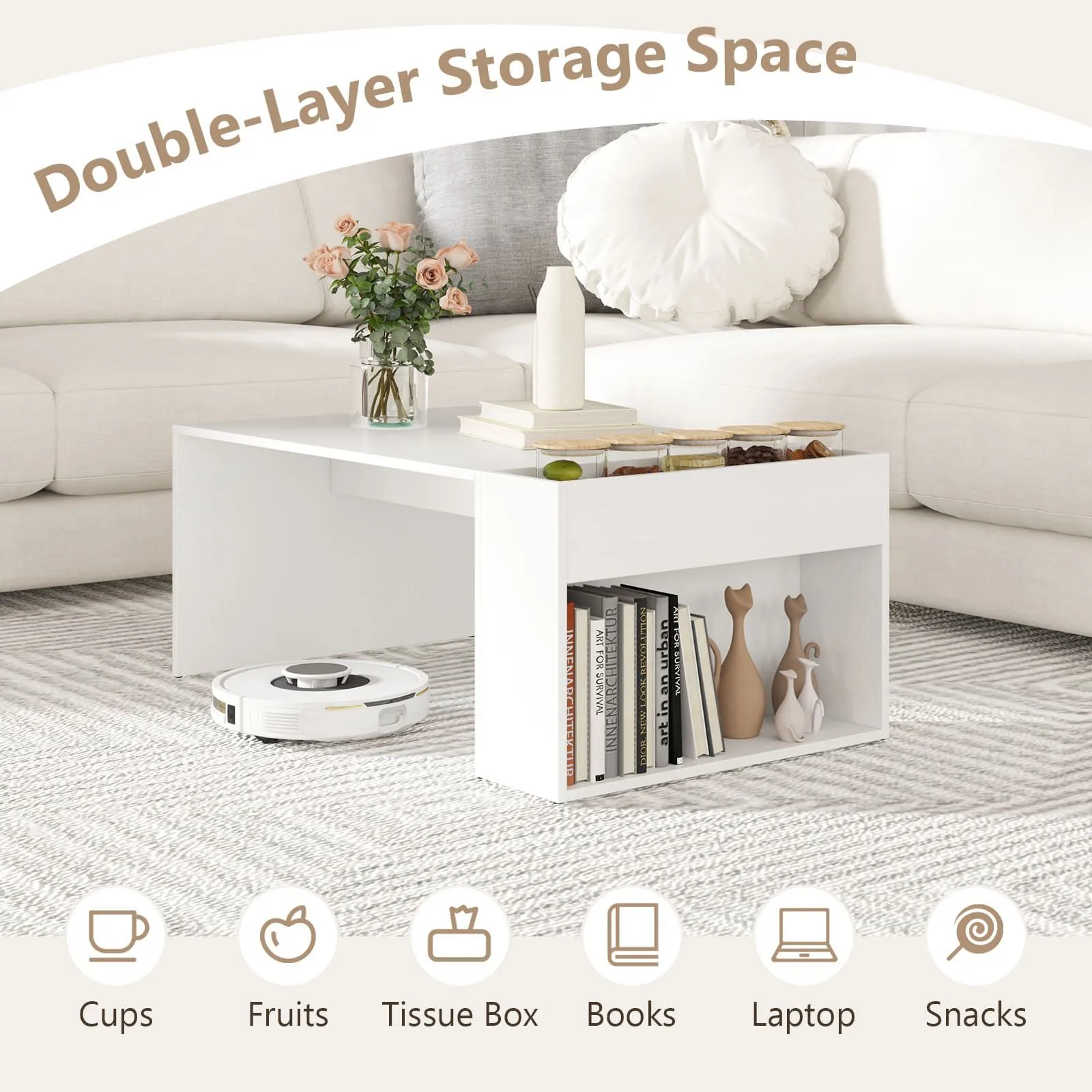 Costway Coffee Table 85cm Coffee Table with Double-Layer Storage Space in White 4