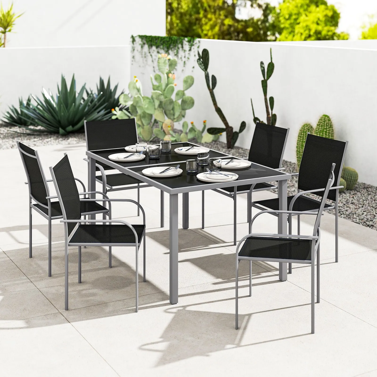 OUTSUNNY 7 Piece Garden Dining Set, Steel Outdoor Table & Chairs in Black