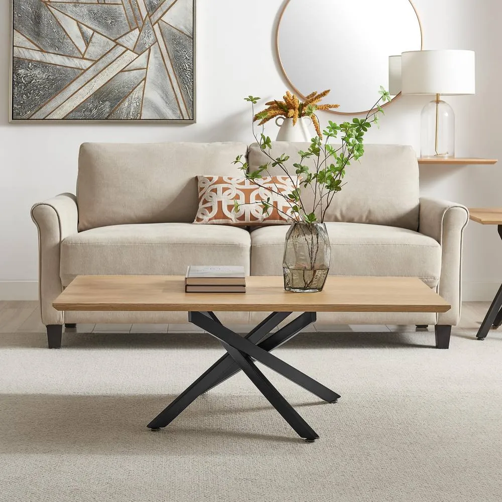 FurnitureboxUK Leonardo Rectangular Oak Veneer & Black Coffee Table in Light Brown 2