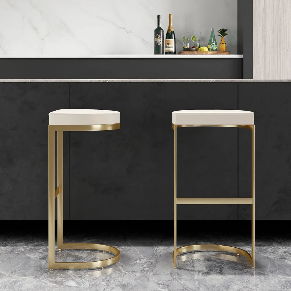 Modern PU Leather Off-White Counter Height Counter Stool Home Breakfast Counter Stool with Gold Frame Set of 8