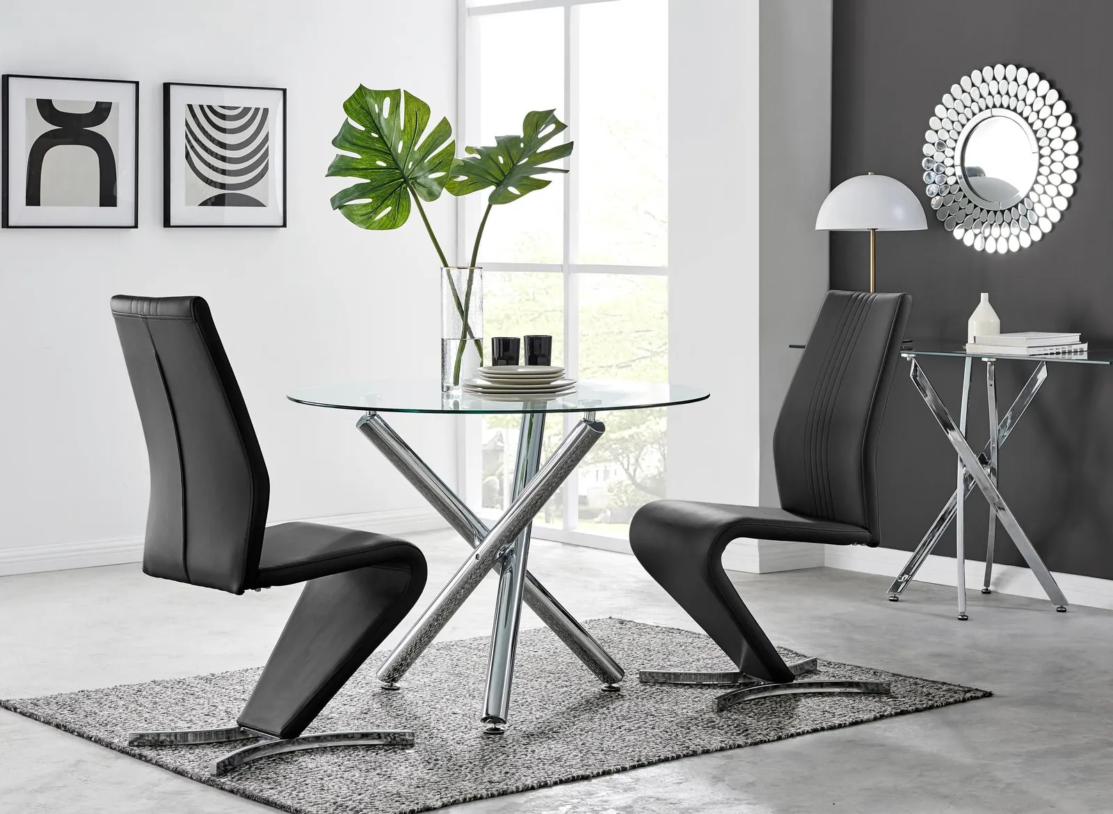 FurnitureboxUK Selina Round Glass & Chrome Metal Dining Table & Luxury Willow Chairs Set in Black 1