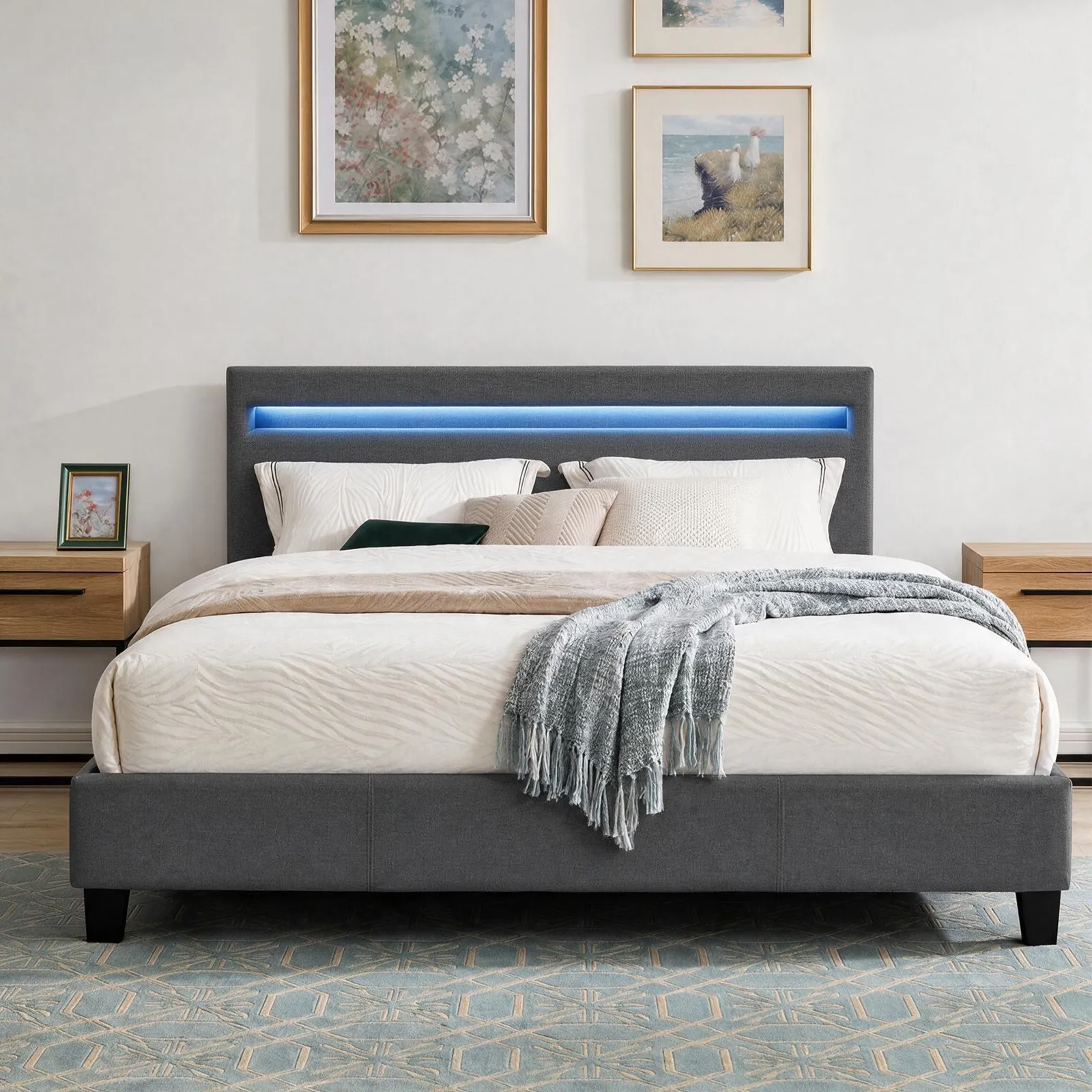 Comfy Living Ltd Modern Hopsack Fabric Upholstered Bedframe With LED Strip in Dark Grey 2