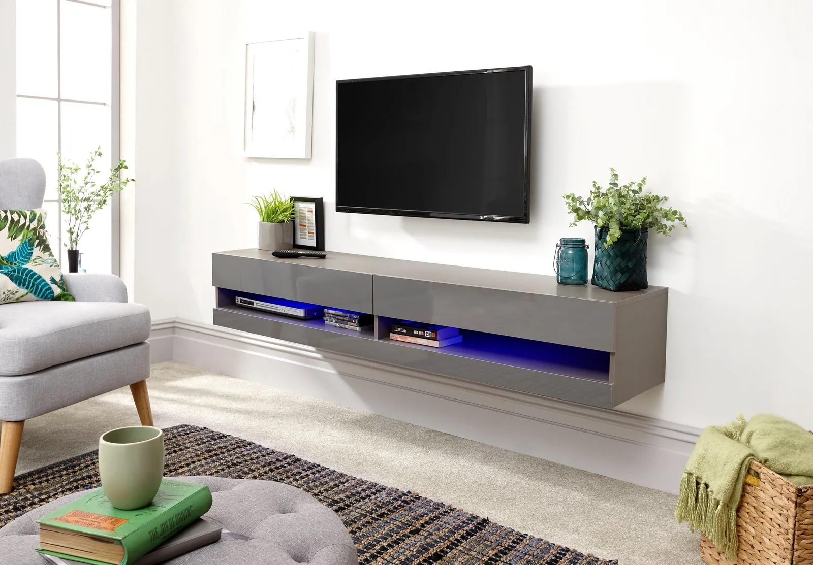 GFW Galicia 150cm Wall TV Unit with LED in Grey