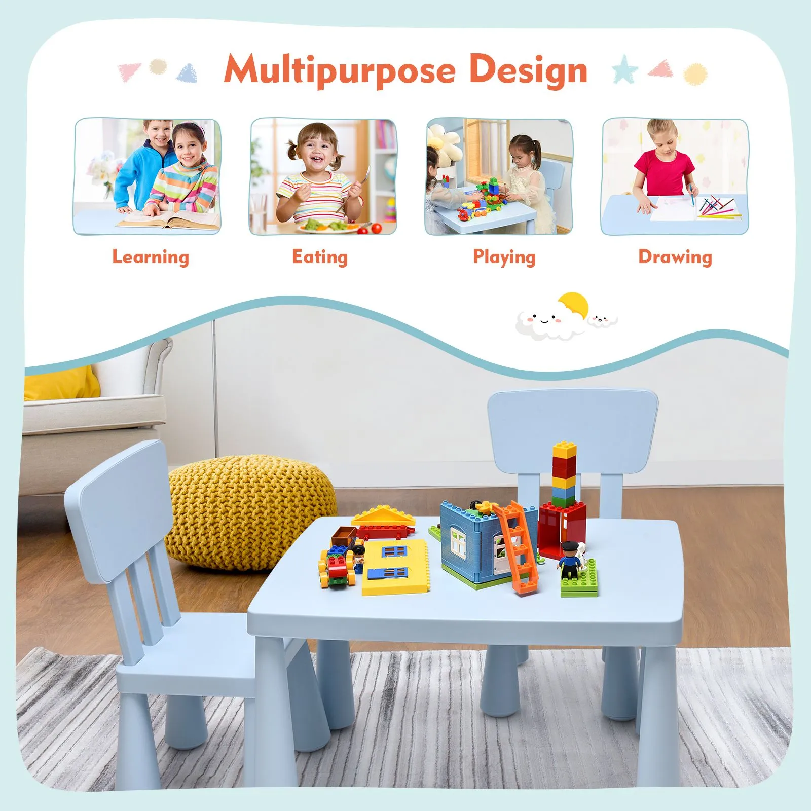 Costway Children Play Table with 2 Chairs Set for Eating Drawing Writing in Baby Blue 5