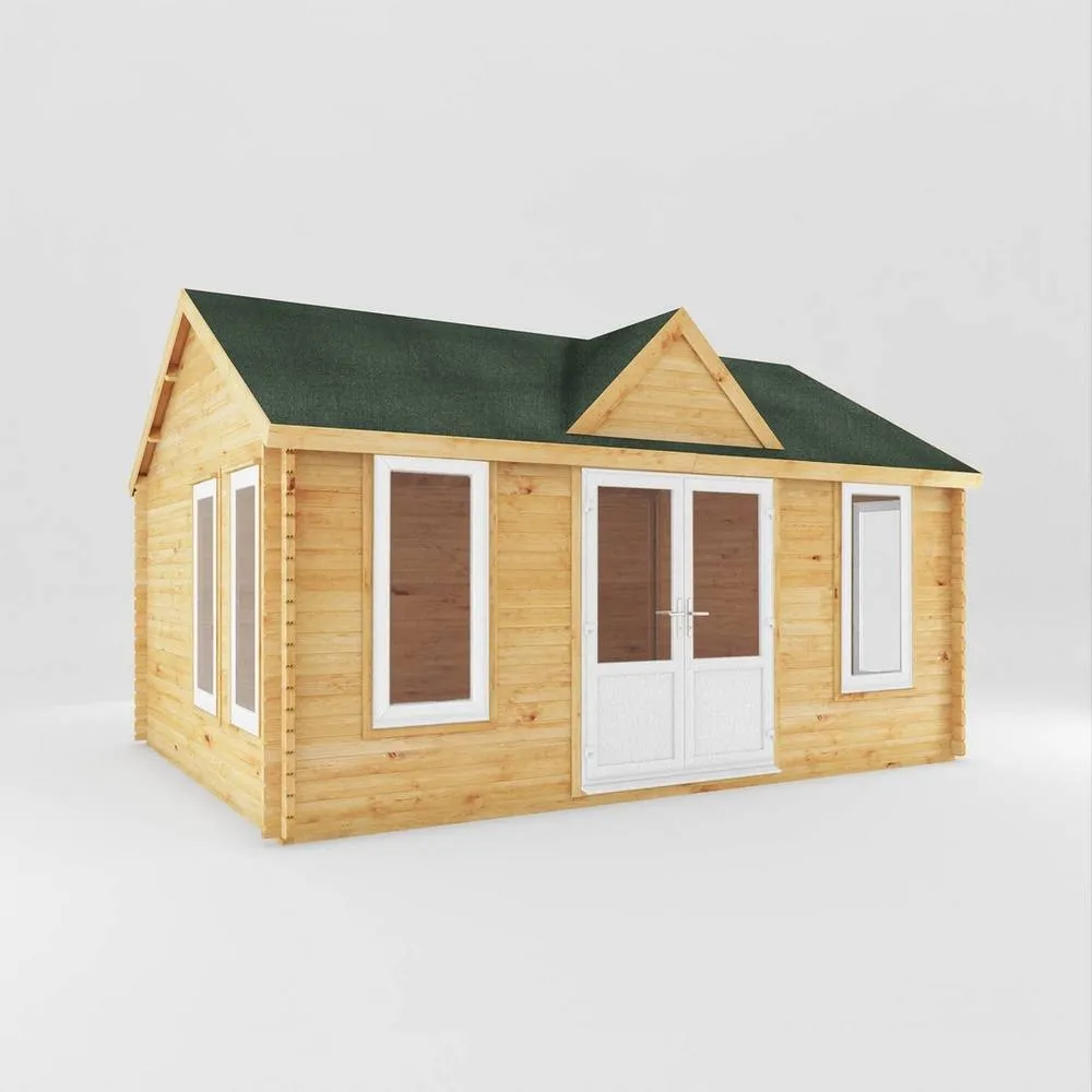 Mercia 5.3 x 4 m Clock Tower Log Cabin - 44 mm - White UPVC Windows & Door in Light Brown