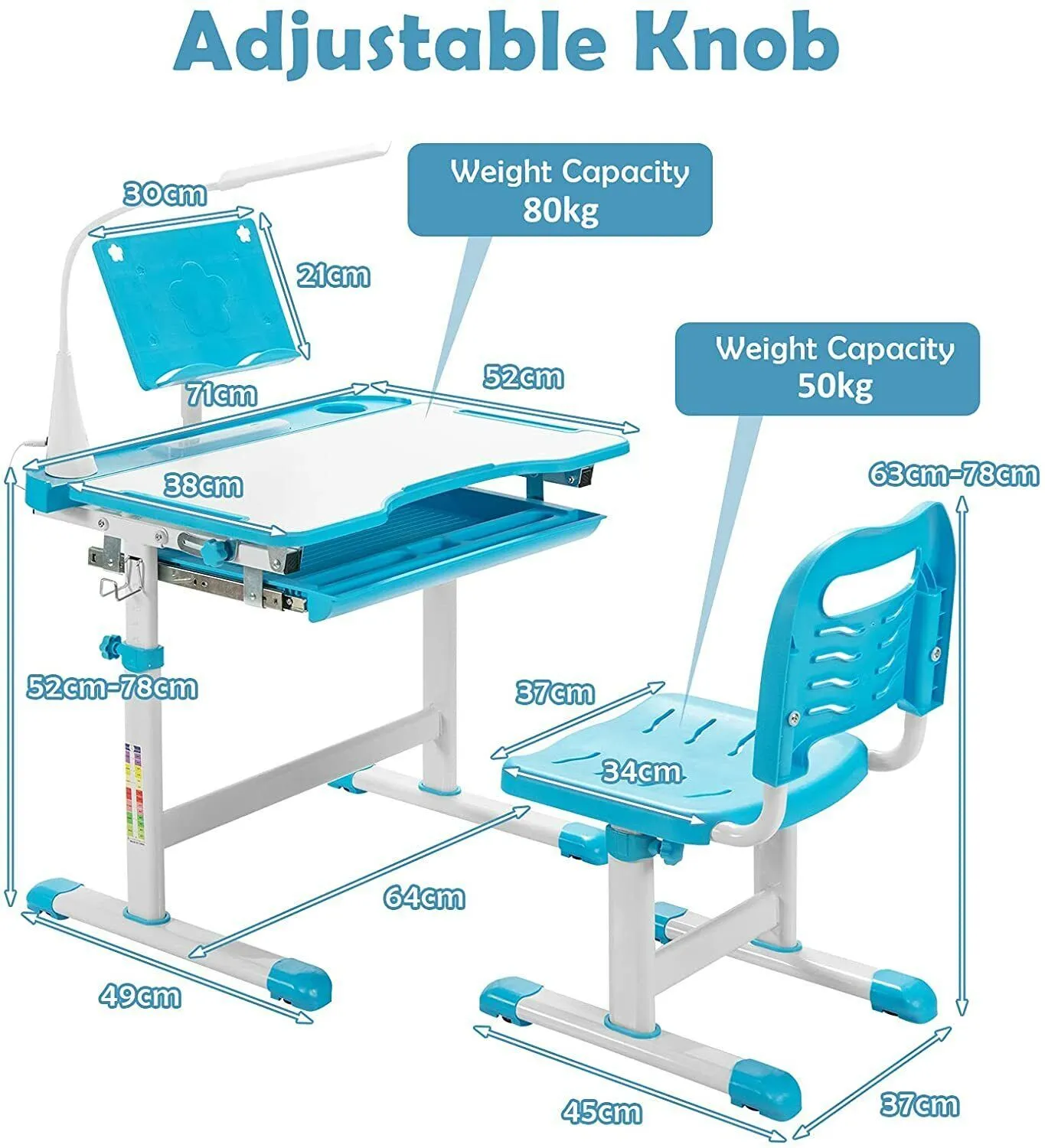 Costway Height Adjustable Study Table & Chair Set w/Book Stand & LED Light in Blue 4