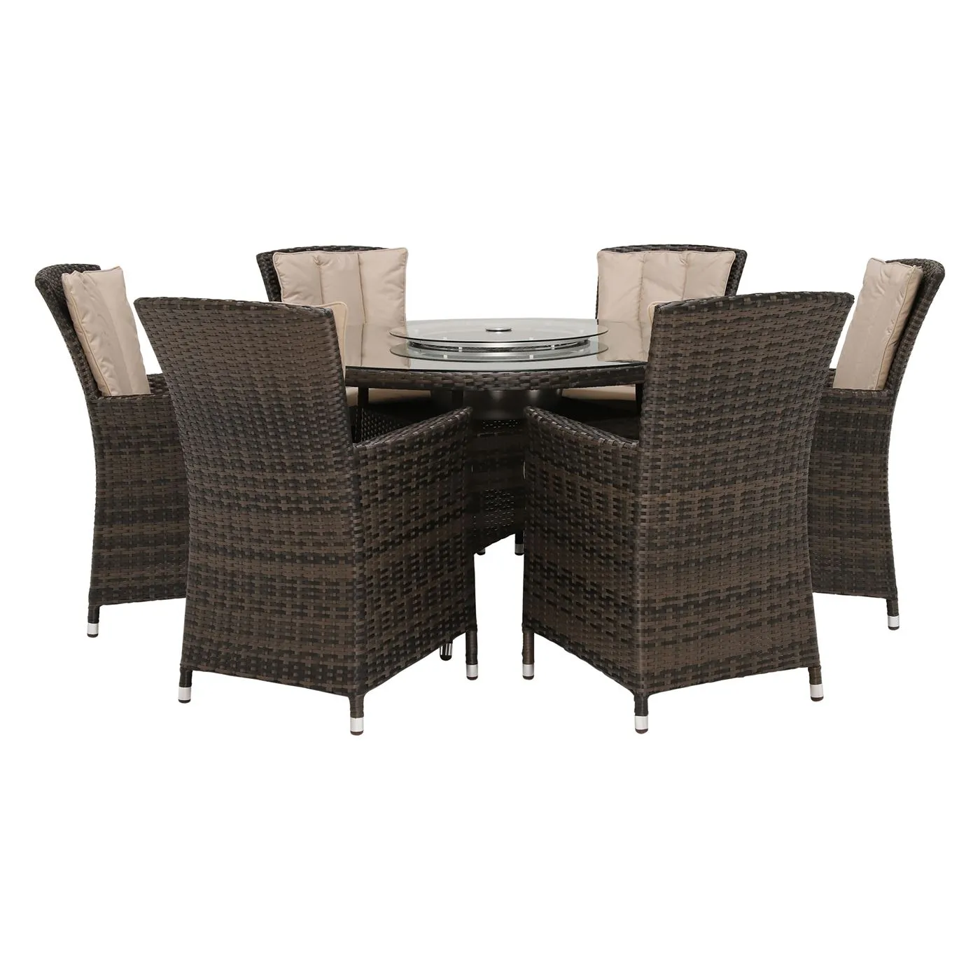 Canoga Park 6 Seat Round Garden Dining Set in Brown Weave and Beige Fabric