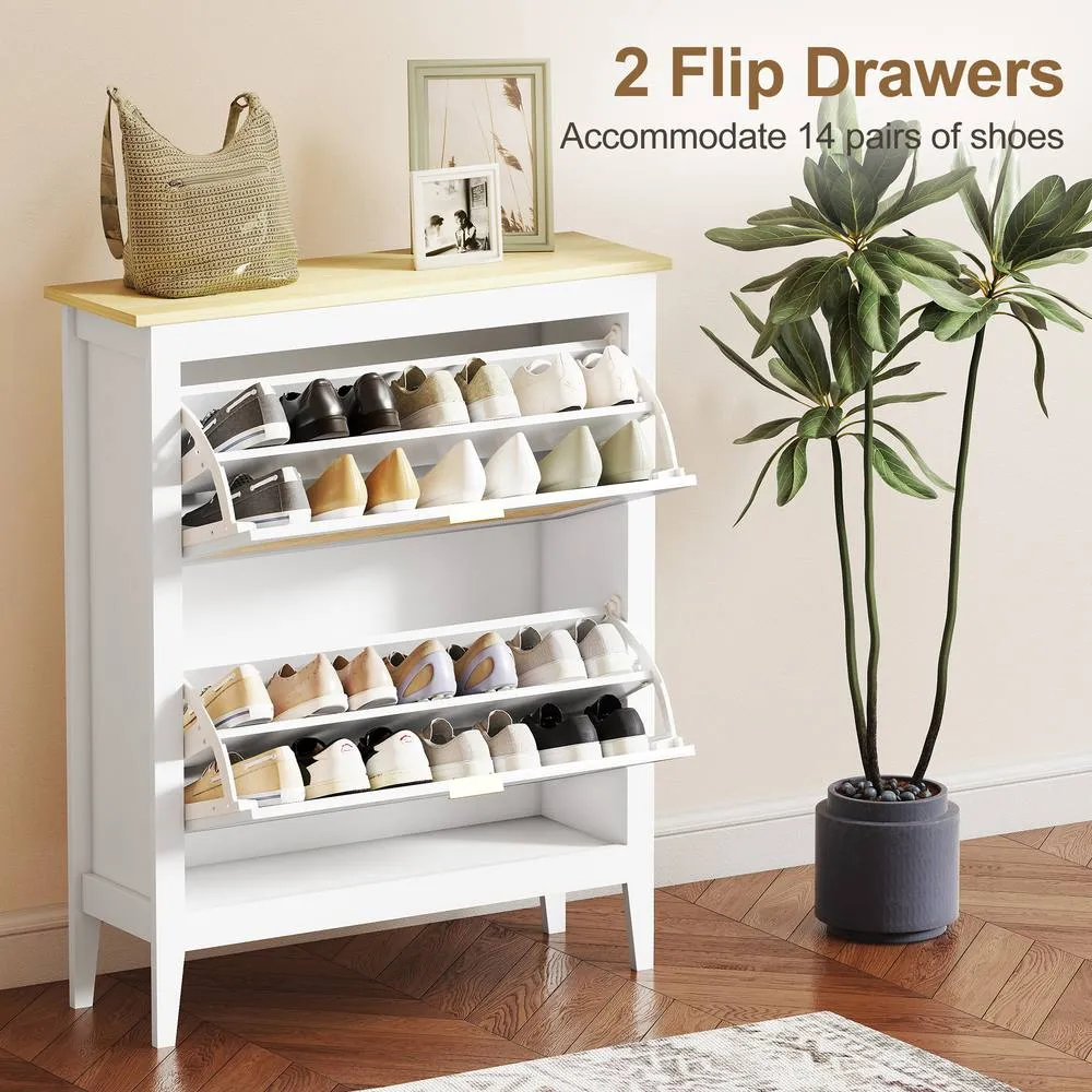 HOMCOM Boho Slim Shoe Cabinet with Rattan Doors, Holds 14 Pairs, White 5