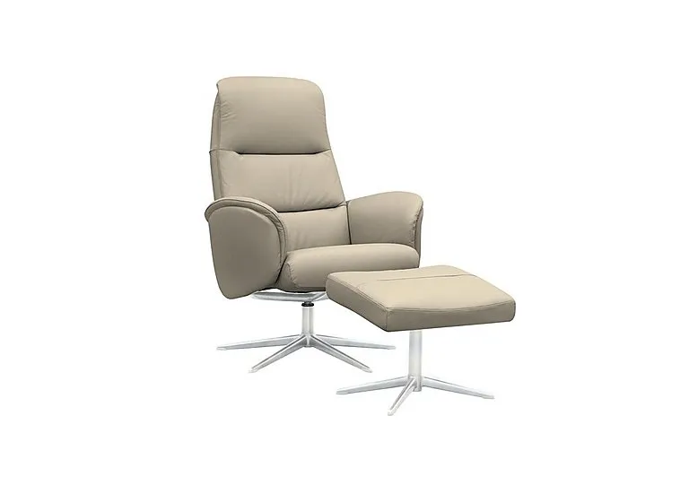 Falum Leather Swivel Recliner Chair and Footstool with Chrome Base - Oxford Mushroom