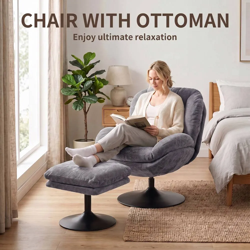 HOMCOM Chenille Lazy Chair with Ottoman, 360° Swivel, Dark Grey 4
