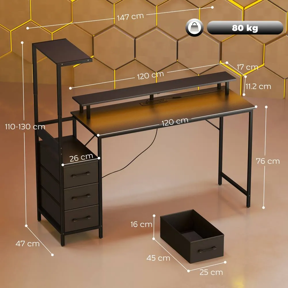 HOMCOM 147cm Gaming Desk with Charging Station & RGB Lights in Black 3