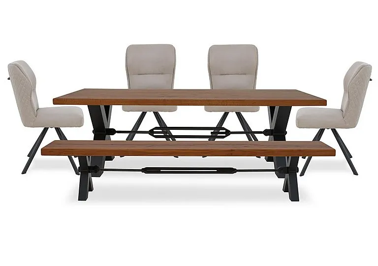 Terra Straight Edge Dining Table with Tension Bolt X-Leg, Bench and 4 Taupe Fabric Swivel Chairs - 220-cm - Old Bassano