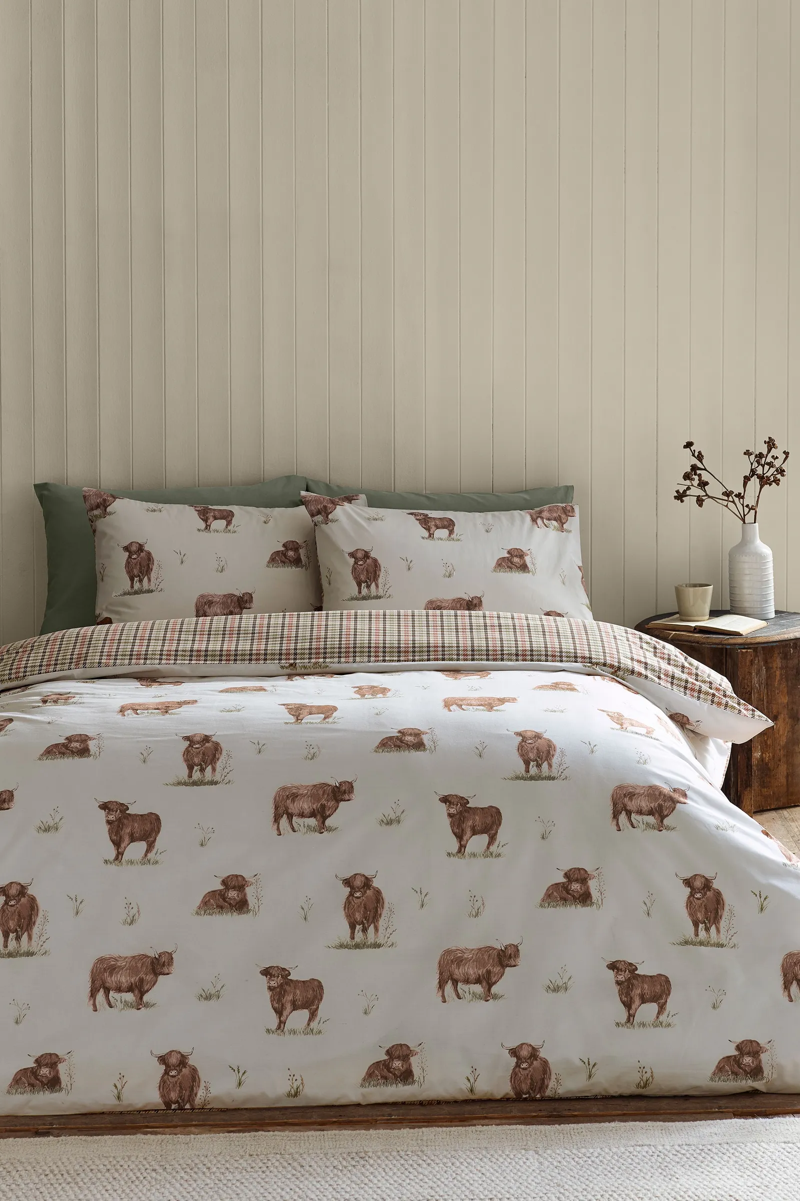 Catherine Lansfield 'Angus Highland Cow' Reversible Duvet Cover Set in Natural