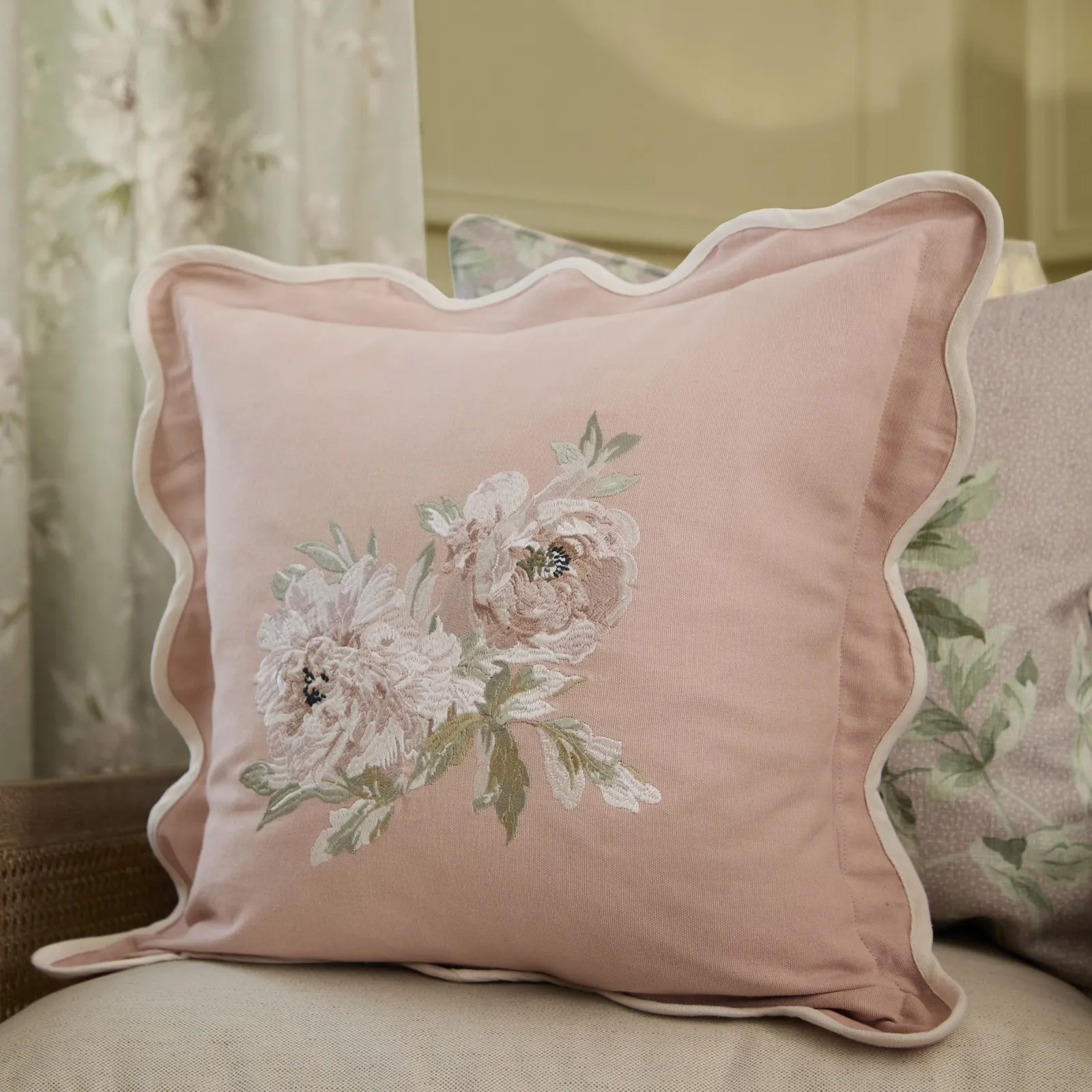 Sanderson Adele Floral Embroidered Cushion in Light Pink
