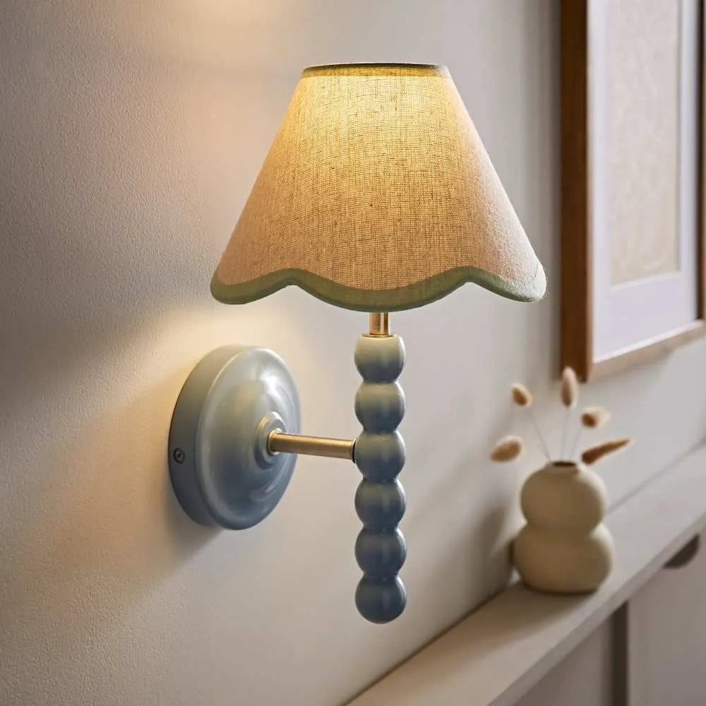 ValueLights Bobbins Powder Blue Wall Light with Linen Trim Lamp Shade & LED Bulb in Pale Green 2