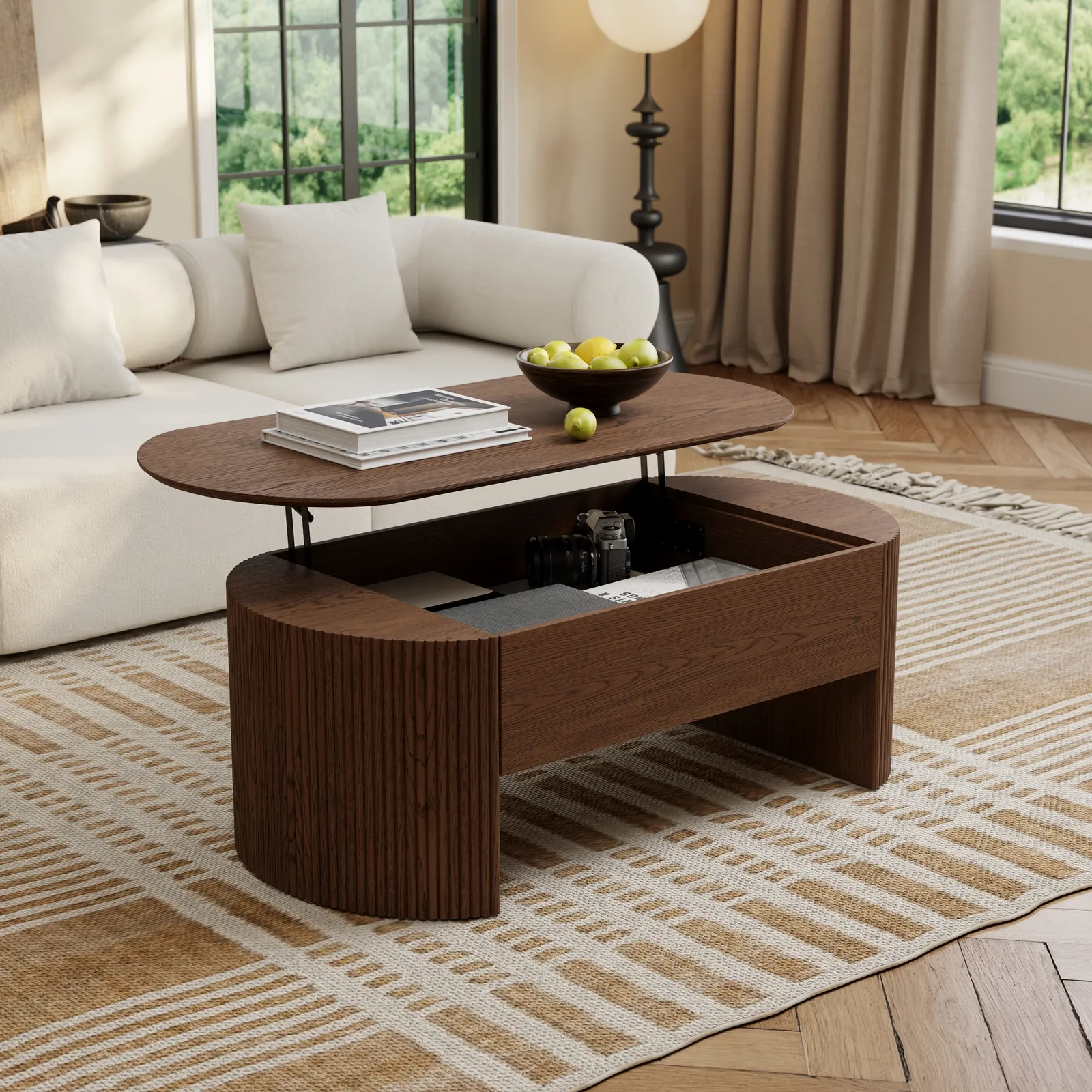 Walnut Oval Lift Top Mid-Century Modern Coffee Table