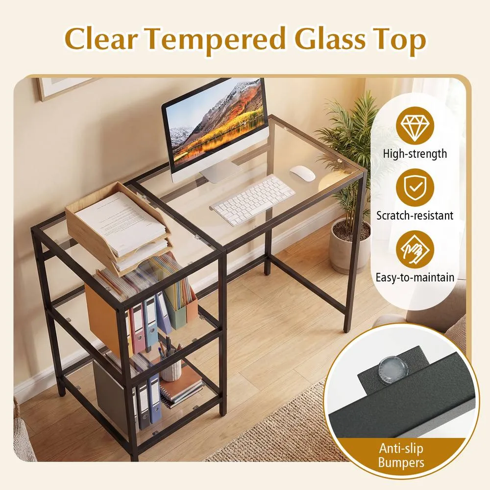 Costway Tempered Glass Computer Desk Modern Office Desk with Storage Shelves in Black 6