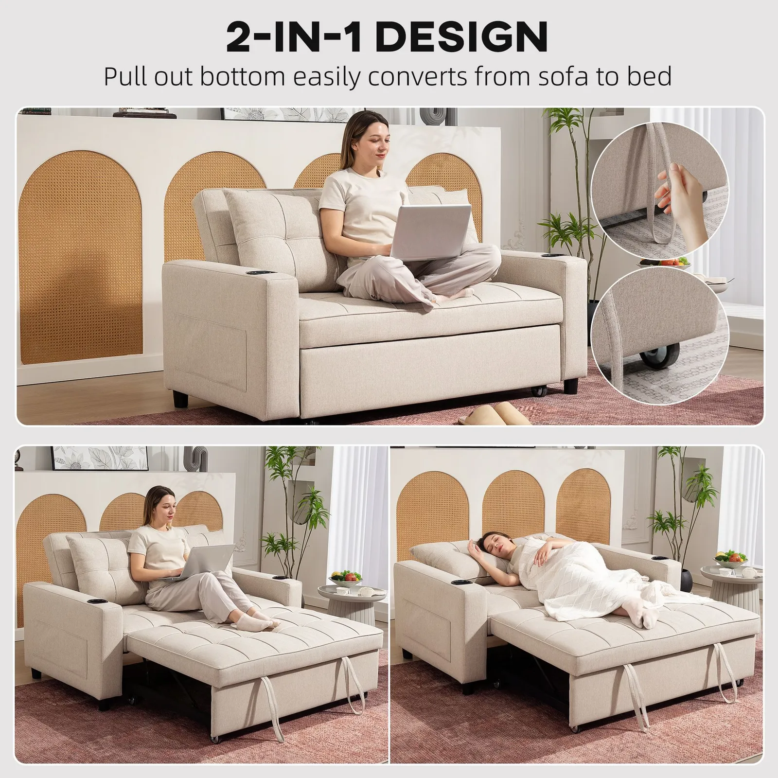 HOMCOM 2 Seater Pull Out Sofa Bed with Pockets for Living Room Beige 4