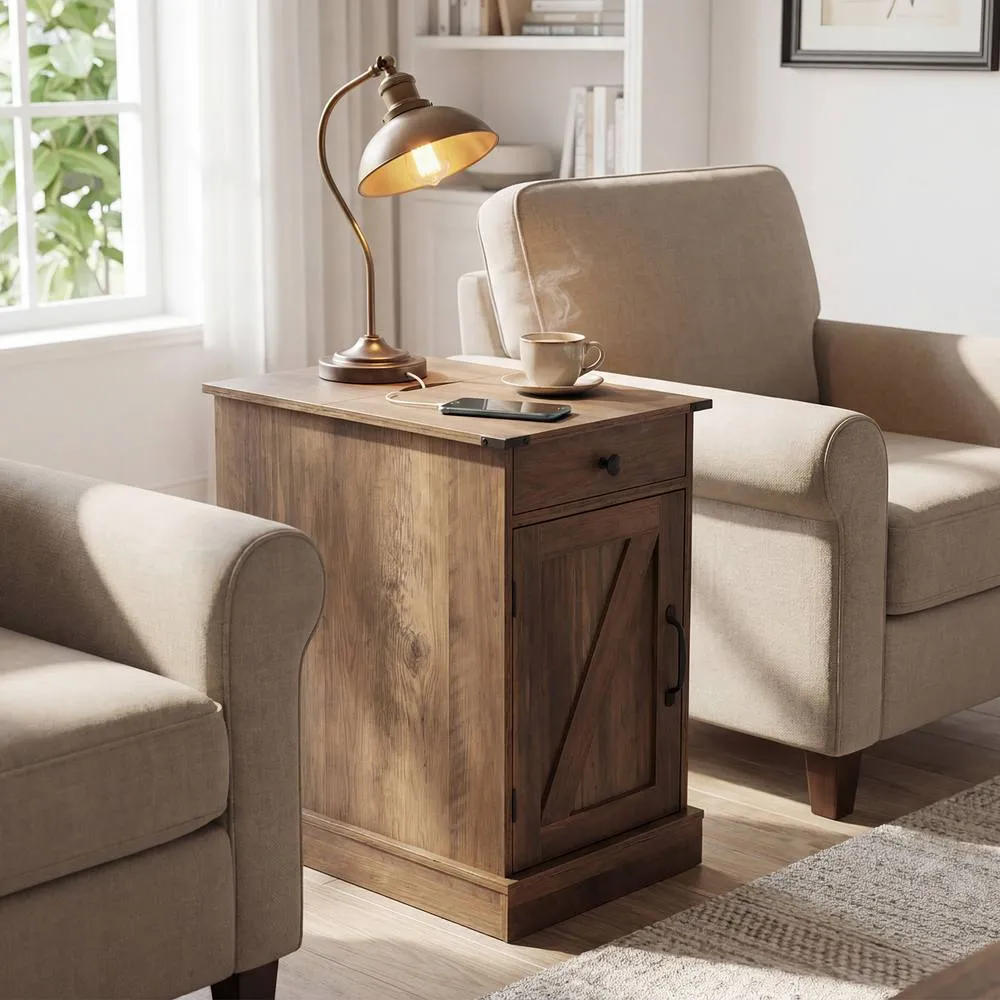 Costway Narrow Wooden Nightstand with Power Outlets in Brown 4