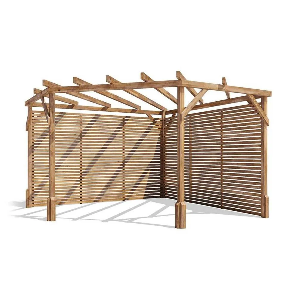 Dunster House Wooden Corner Pergola 3m x 3m with Slats & Trellis, Utopia Diamond in Brown