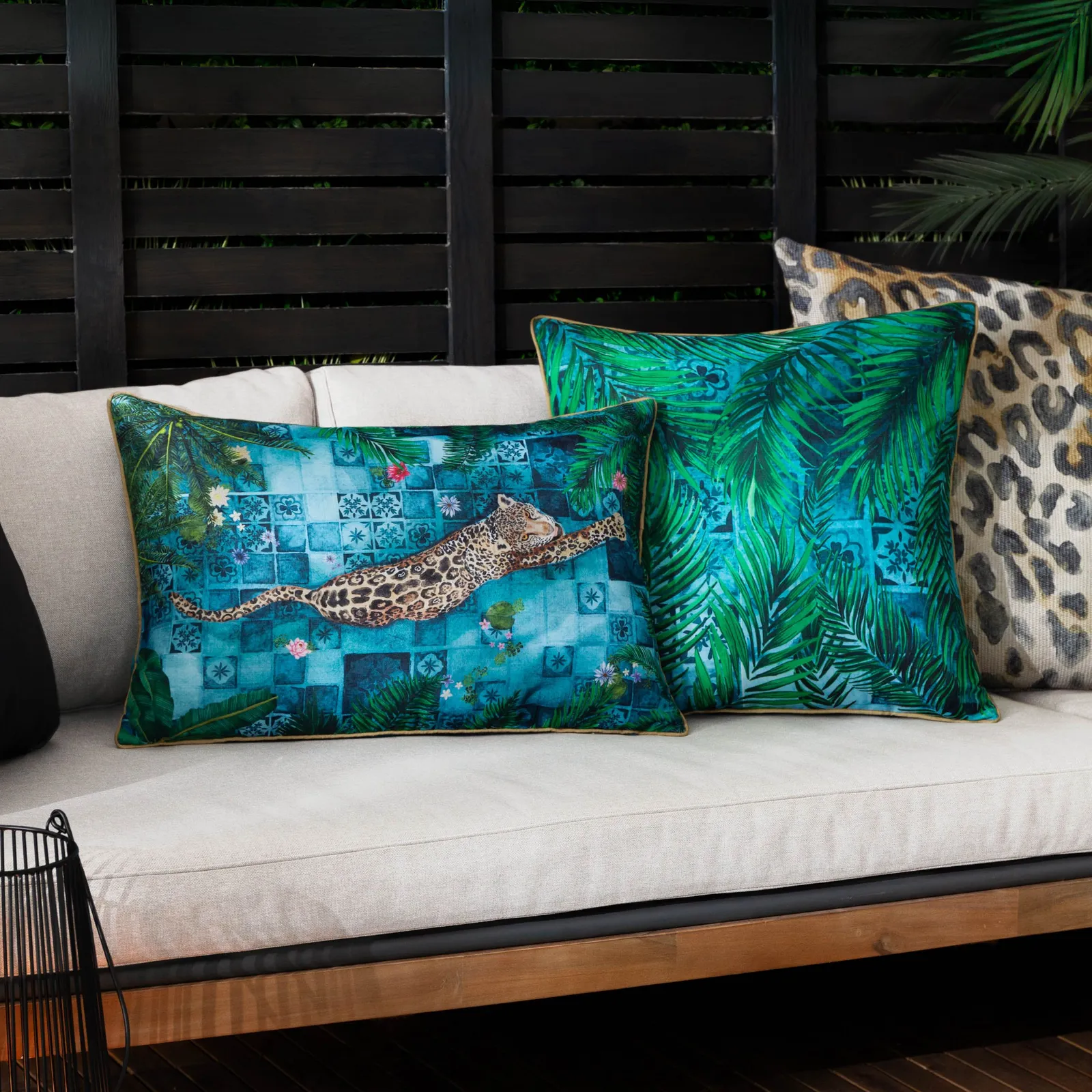 Paoletti Majorelle Leopard Moroccan Piped Outdoor Cushion in Blue 6