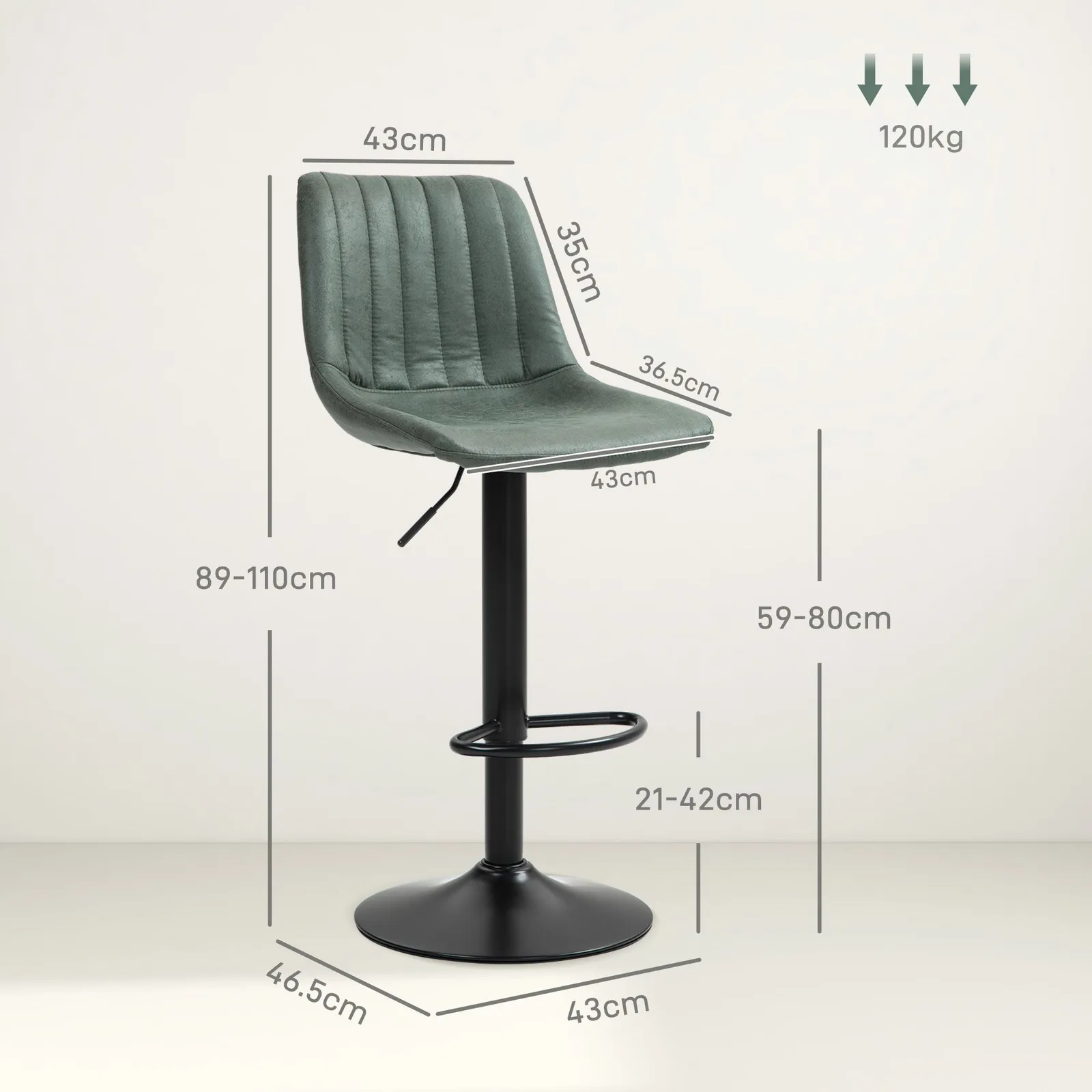 HOMCOM Adjustable Bar Stools Set of 2 Counter Height Barstools Dining Chairs 360° Swivel with Footrest for Home Pub in Green 3