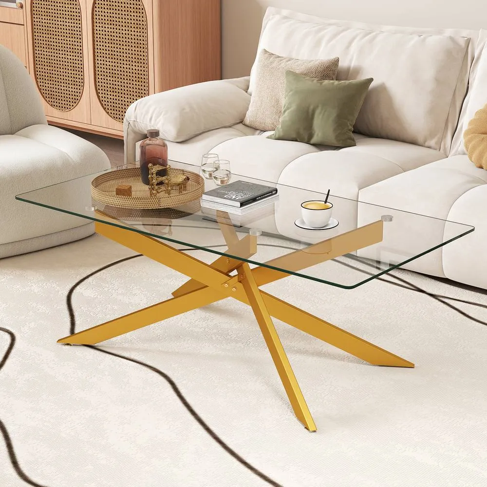 Costway Modern Glass Coffee Table Rectangle Center Cocktail Table Side Table in Gold 5