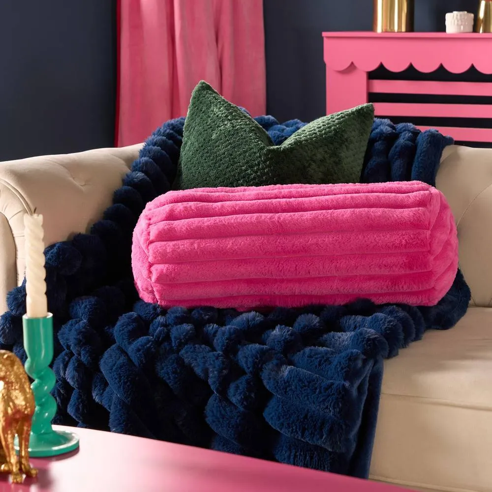 OHS Faux Fur Ribbed Round Bolster Cushion Neck Roll Pillow in Bright Pink