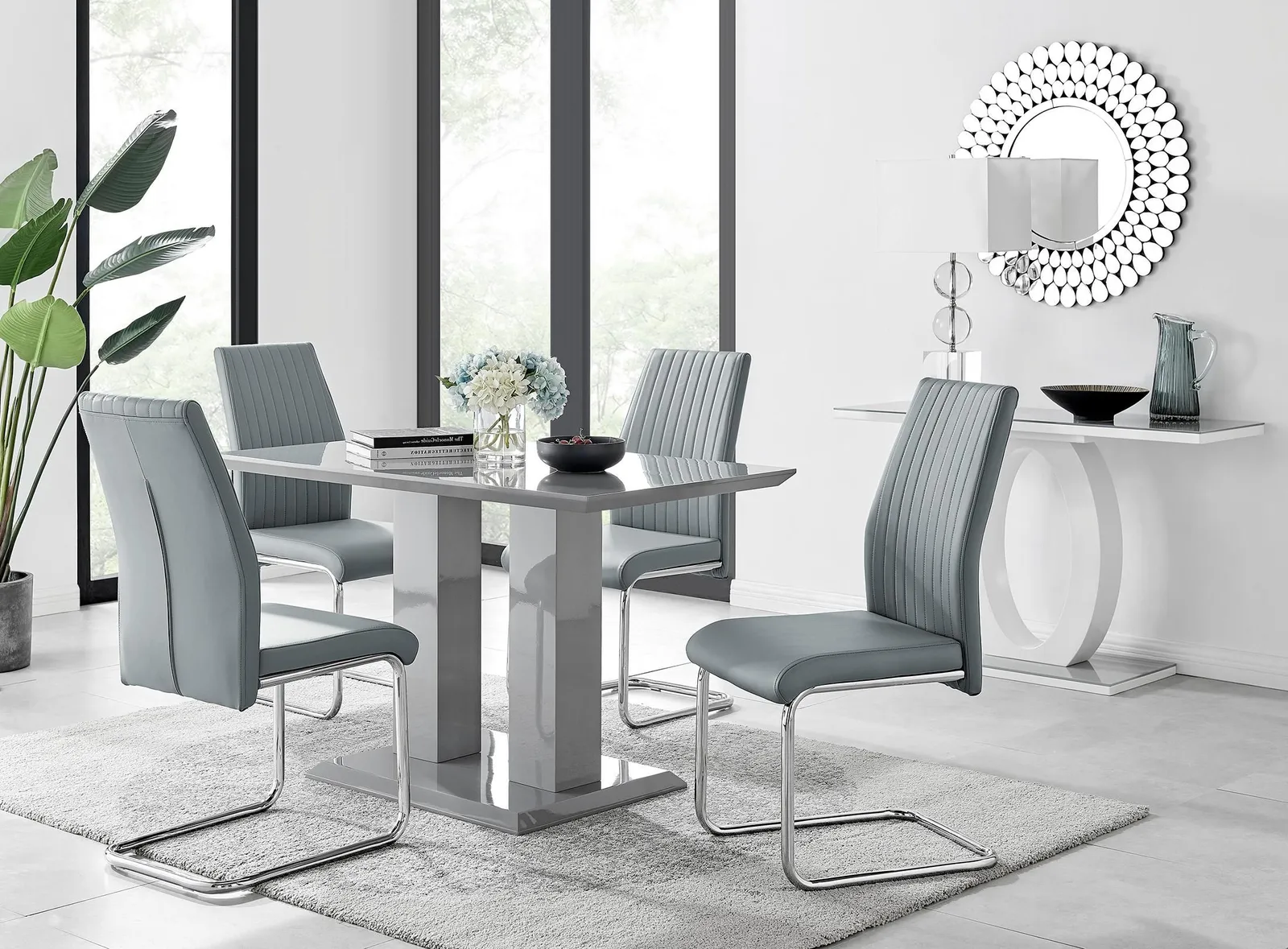 FurnitureboxUK Imperia Grey High Gloss 4 Seater Dining Table with Structural 2 Plinth Column Legs 4 Soft Faux Leather Lorenzo Chairs 1