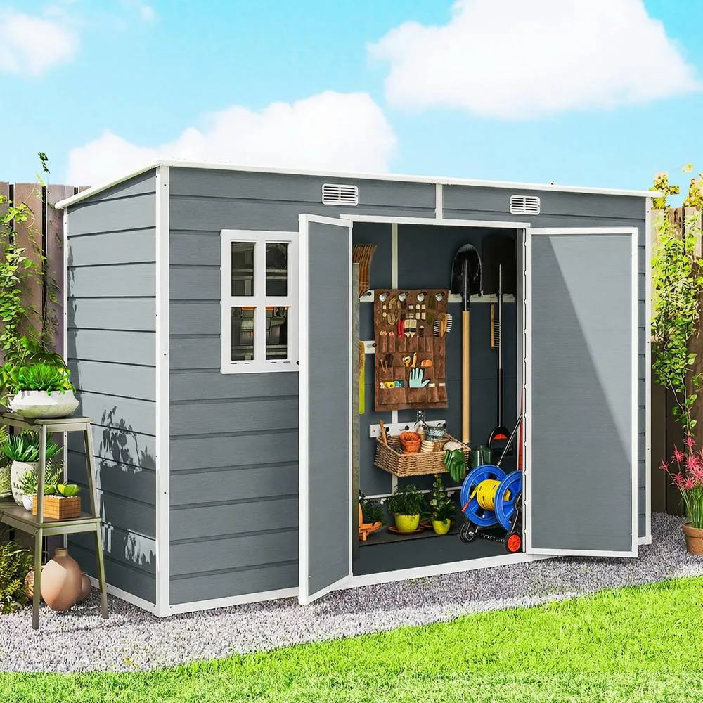 OUTSUNNY 10 x 4 ft Plastic Garden Shed with Floor, Lockable Doors, Grey in Light Grey