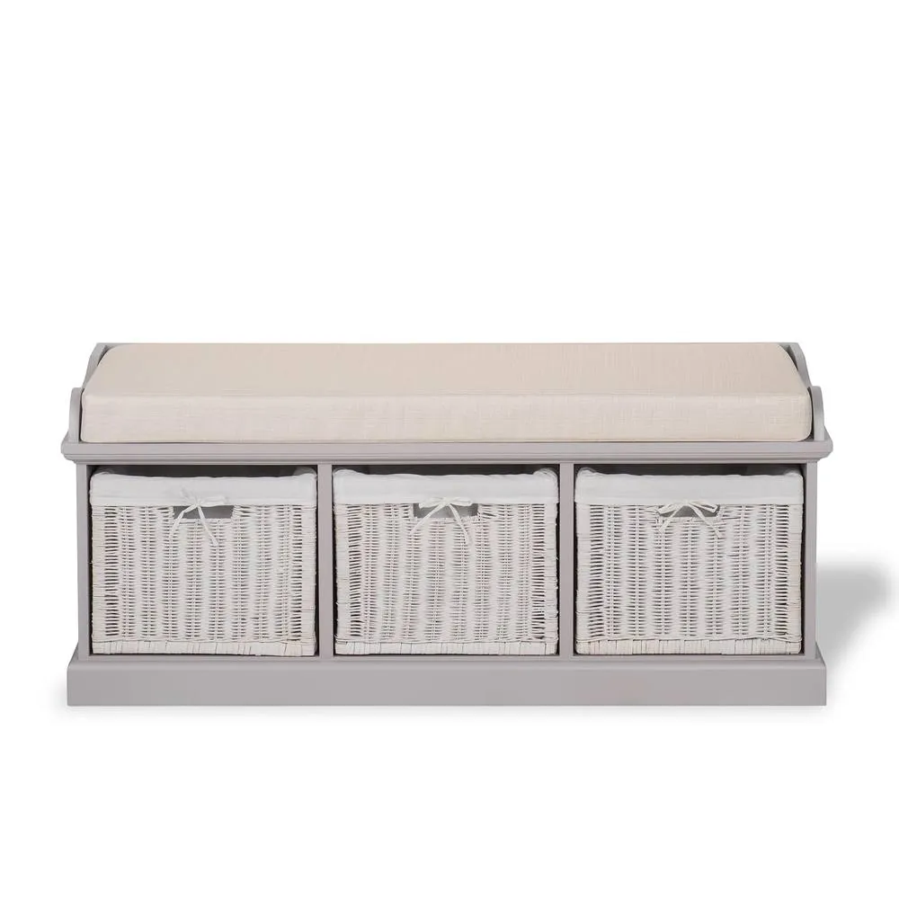 Statement Furniture Tetbury Bench with 3 White Wicker Baskets & Cream Cushion in Taupe 4