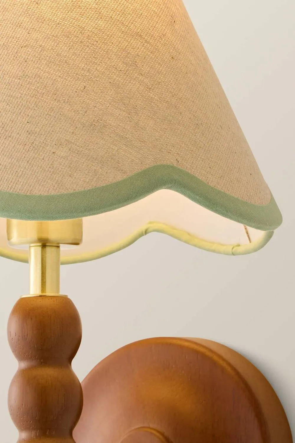 ValueLights Bobbins Walnut Bobble Wall Light & Linen Trim Lamp Shade & Bulb in Pale Green 4