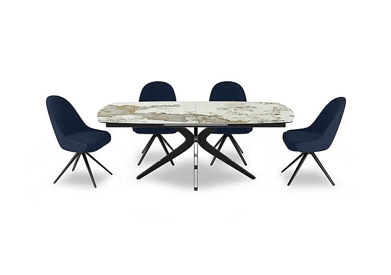 Jose Large Calcatta Marble Pop-up Extending Dining Table with 4 Swivel Chairs - Navy