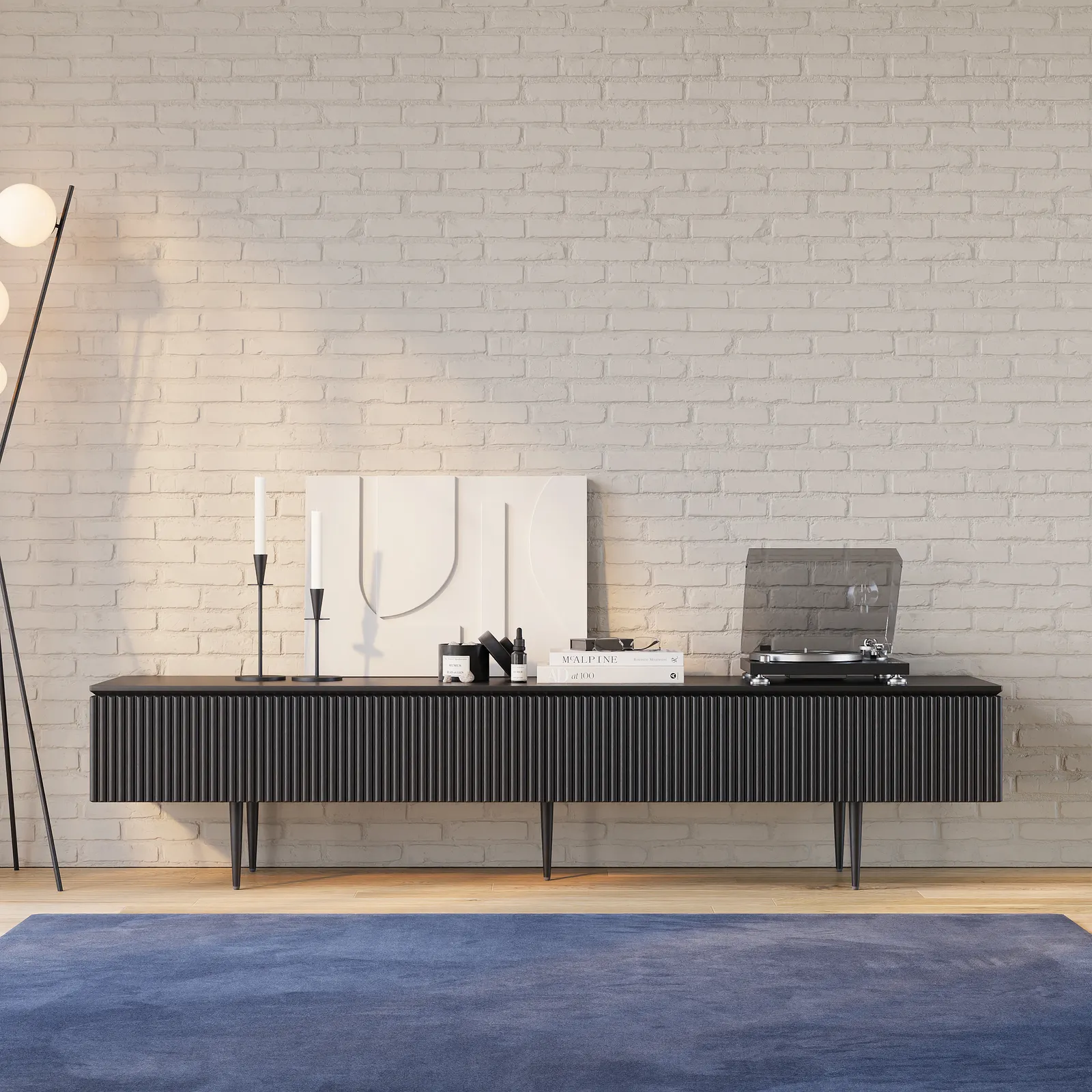 Modern 2000mm TV Stand with Drawers Line Media Console with Black Metal Legs