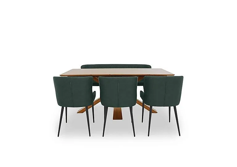 Hanoi Fixed Dining Table with Wooden Base and 3 Faux Leather Chairs and a Bench - Bottle Green