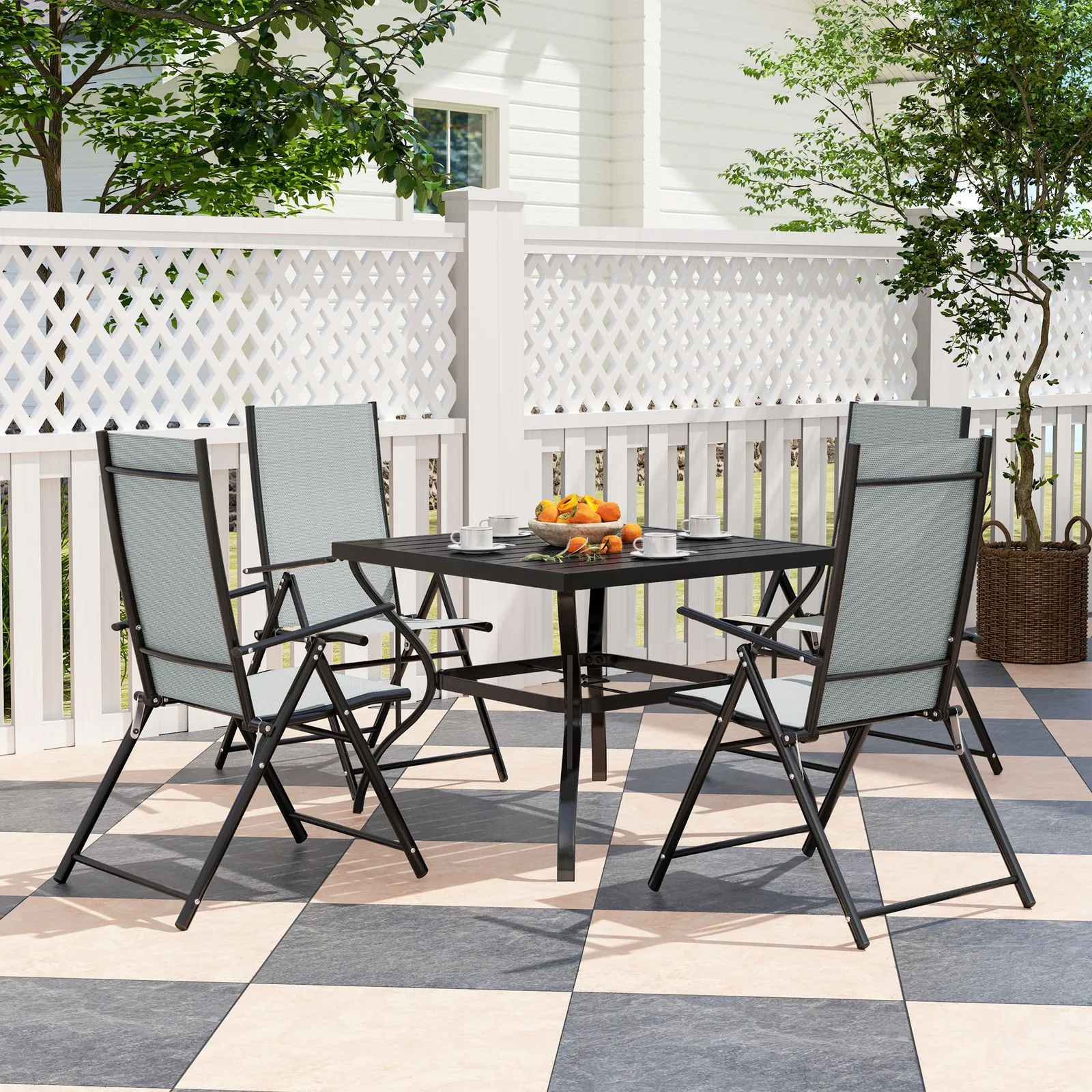 OUTSUNNY 5 PCs Garden Dining Set, Folding Chairs & Metal Top Table, Grey