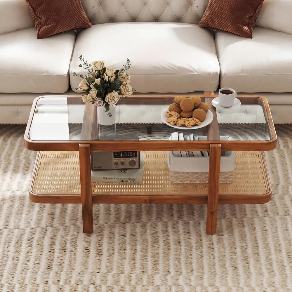 Costway 2-Tier Coffee Table w/ Storage Rectangular Center Table w/Glass Top in Brown 3