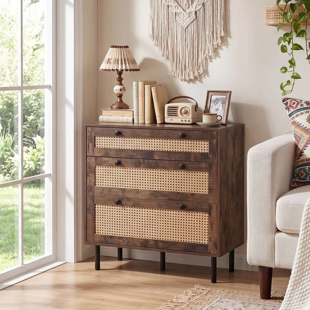 Costway Dresser with 3 Drawers & Rattan Design & 5 Metal Legs in Brown 3