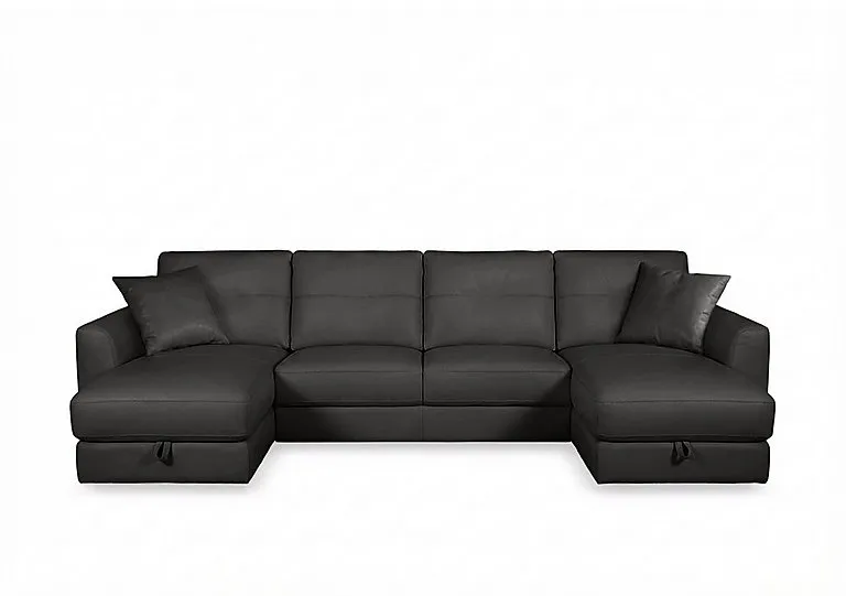 Nest Large NC Leather U-Shaped Corner Sofa with Double Storage Chaises - Black