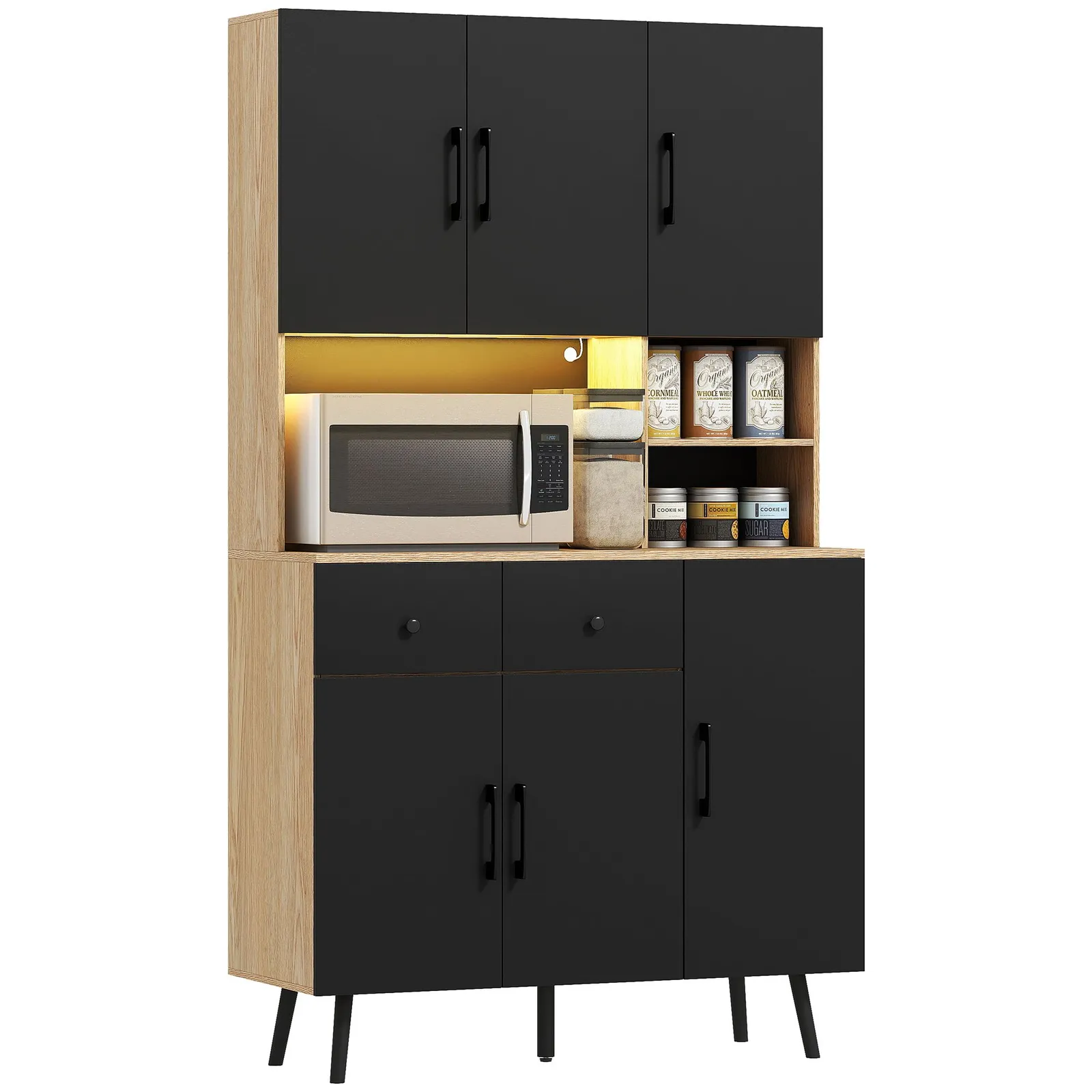 HOMCOM Tall Kitchen Cupboard with LED Lights & Adjustable Shelves, Oak in Black 2